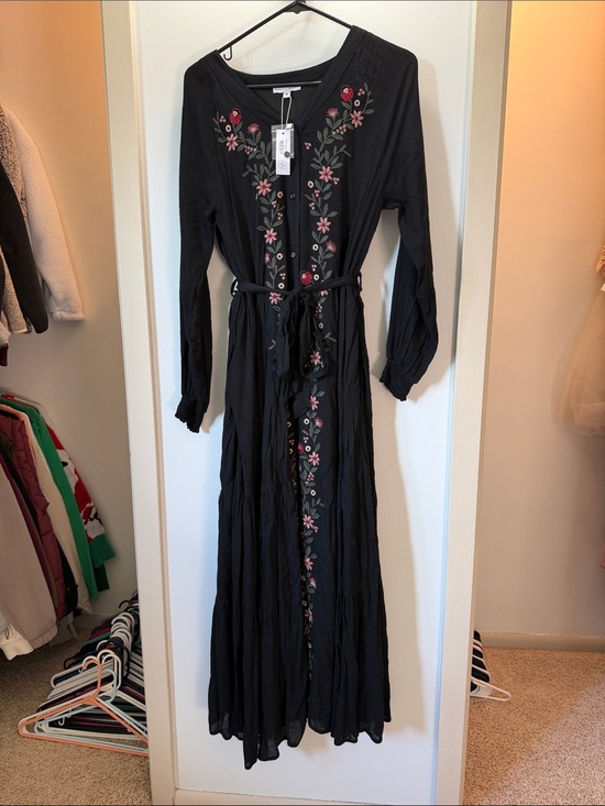Baltic Born Dresses & Skirts - Baltic Born Black Maxi Dress with Pink and Green Floral Embroidery